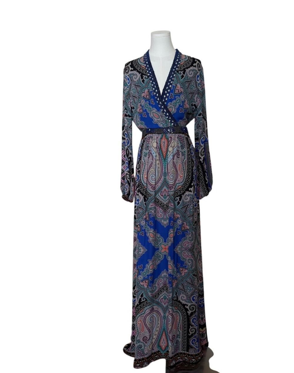 Etro Blue Black Pink Paisley Print Beaded Silk Maxi Dress 42 (US 8)